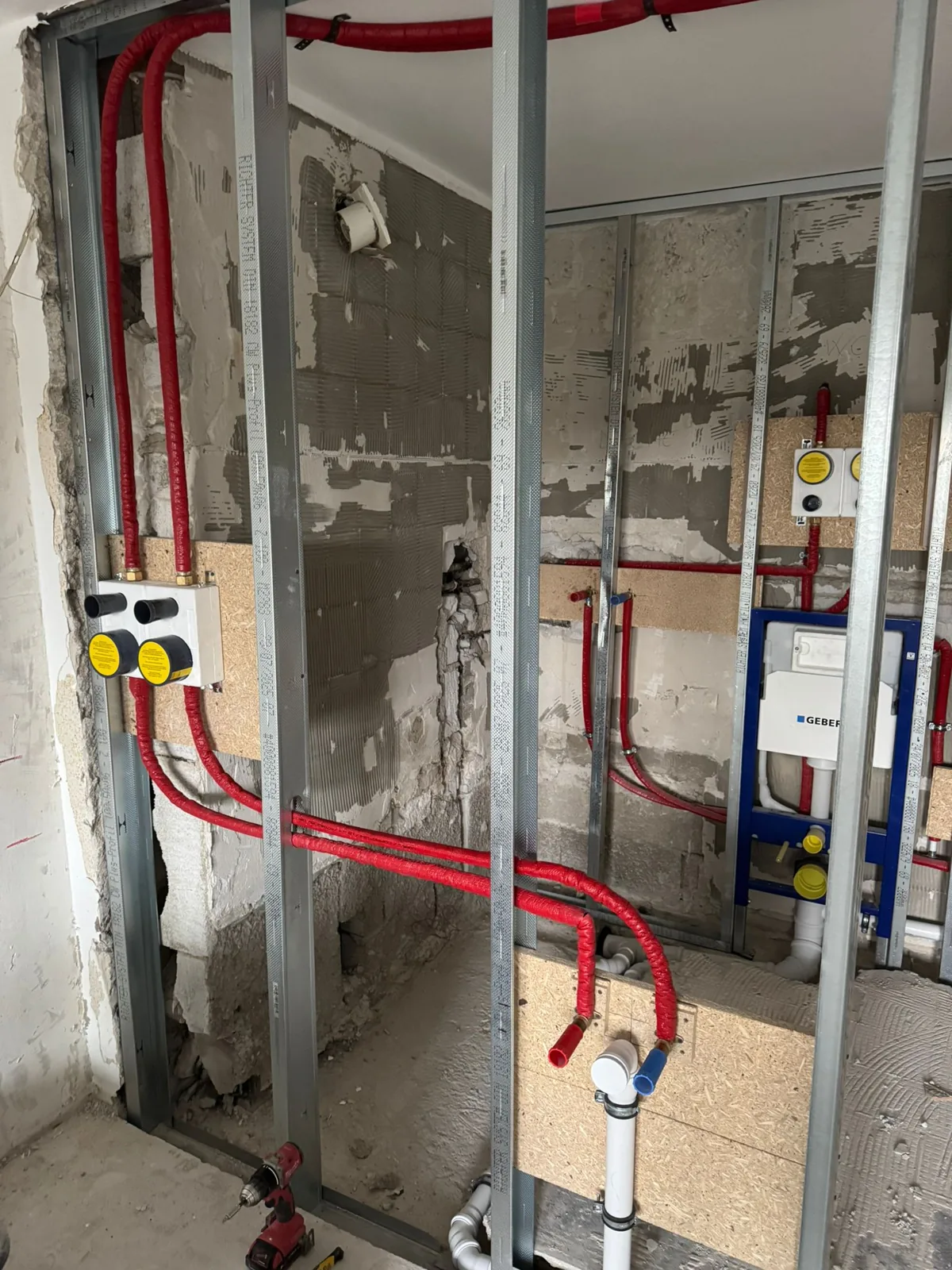 Concealed cistern frame and supply pipework roughed in